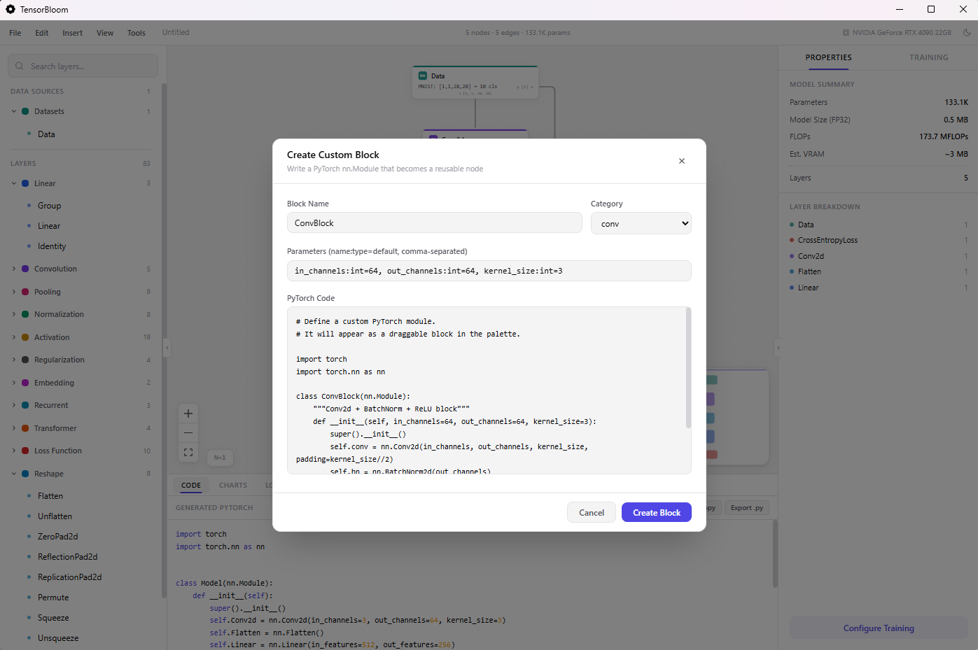 Custom block creation dialog